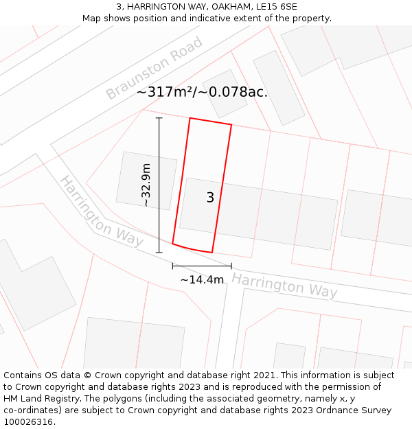 3, HARRINGTON WAY, OAKHAM, LE15 6SE: Plot and title map