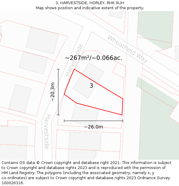 3, HARVESTSIDE, HORLEY, RH6 9UH: Plot and title map