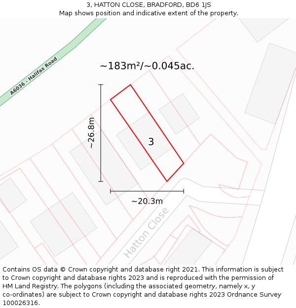 3, HATTON CLOSE, BRADFORD, BD6 1JS: Plot and title map