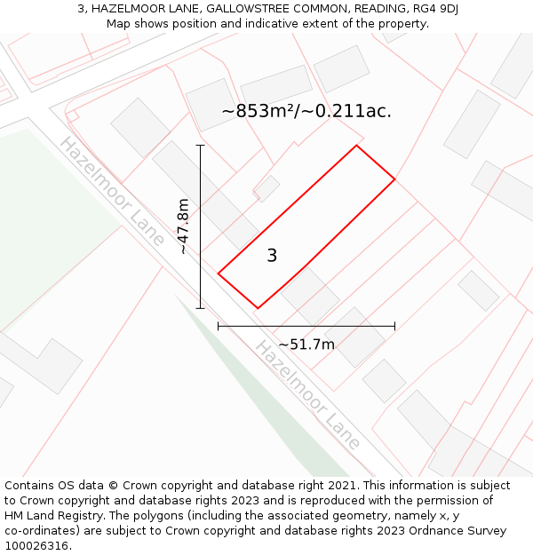 3, HAZELMOOR LANE, GALLOWSTREE COMMON, READING, RG4 9DJ: Plot and title map