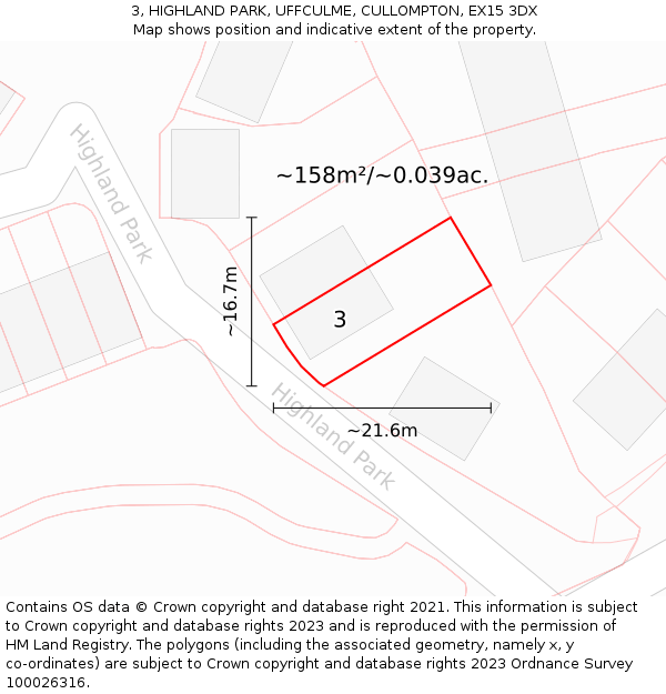 3, HIGHLAND PARK, UFFCULME, CULLOMPTON, EX15 3DX: Plot and title map