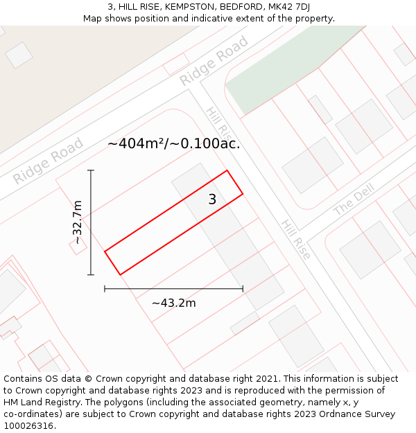 3, HILL RISE, KEMPSTON, BEDFORD, MK42 7DJ: Plot and title map