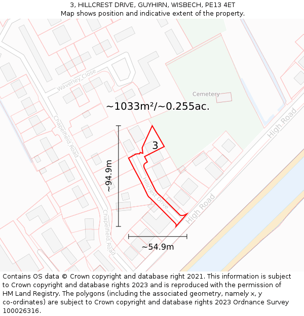 3, HILLCREST DRIVE, GUYHIRN, WISBECH, PE13 4ET: Plot and title map