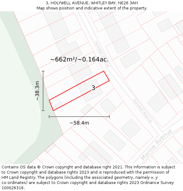 3, HOLYWELL AVENUE, WHITLEY BAY, NE26 3AH: Plot and title map