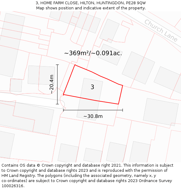 3, HOME FARM CLOSE, HILTON, HUNTINGDON, PE28 9QW: Plot and title map