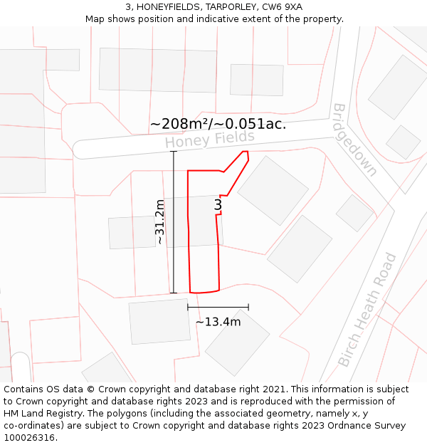 3, HONEYFIELDS, TARPORLEY, CW6 9XA: Plot and title map