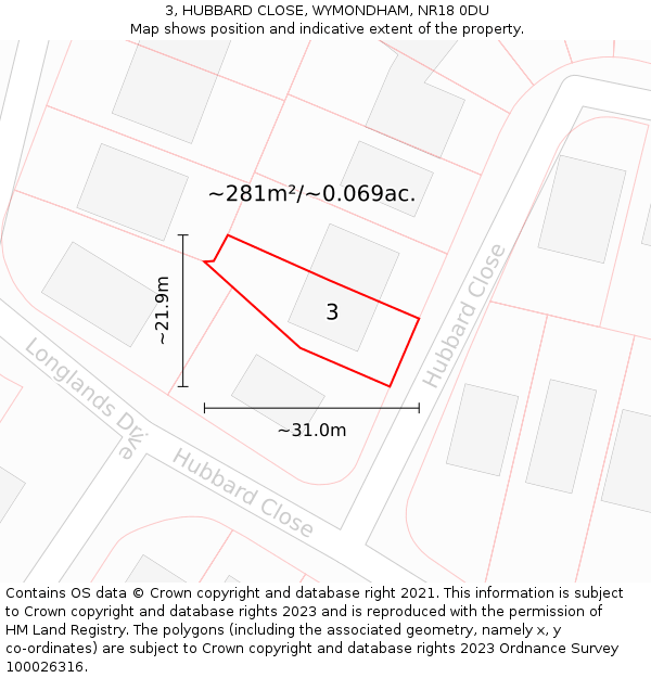 3, HUBBARD CLOSE, WYMONDHAM, NR18 0DU: Plot and title map