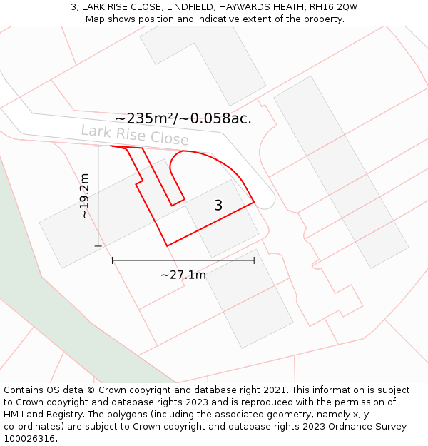 3, LARK RISE CLOSE, LINDFIELD, HAYWARDS HEATH, RH16 2QW: Plot and title map