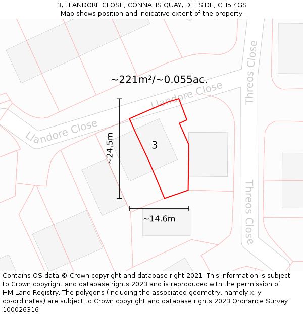 3, LLANDORE CLOSE, CONNAHS QUAY, DEESIDE, CH5 4GS: Plot and title map