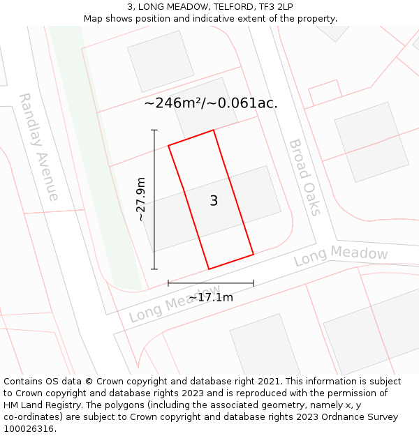 3, LONG MEADOW, TELFORD, TF3 2LP: Plot and title map