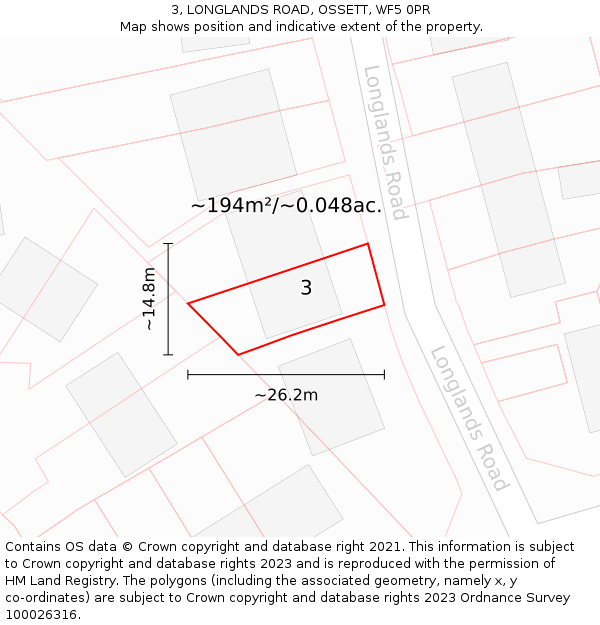 3, LONGLANDS ROAD, OSSETT, WF5 0PR: Plot and title map