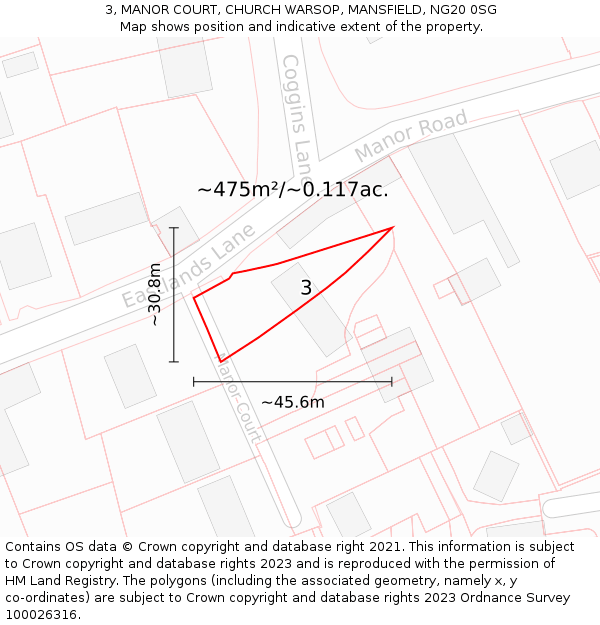 3, MANOR COURT, CHURCH WARSOP, MANSFIELD, NG20 0SG: Plot and title map