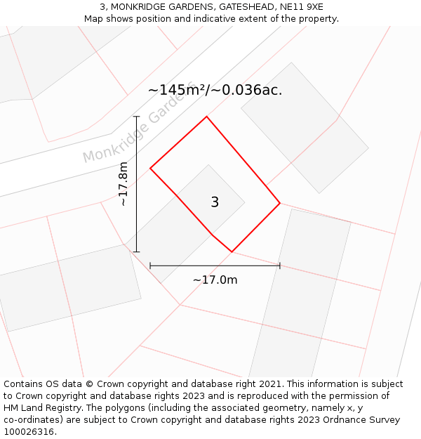 3, MONKRIDGE GARDENS, GATESHEAD, NE11 9XE: Plot and title map