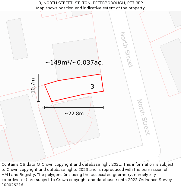 3, NORTH STREET, STILTON, PETERBOROUGH, PE7 3RP: Plot and title map