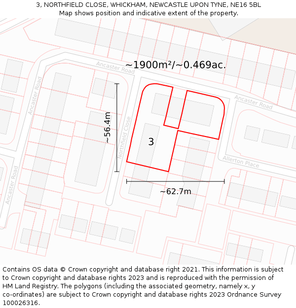 3, NORTHFIELD CLOSE, WHICKHAM, NEWCASTLE UPON TYNE, NE16 5BL: Plot and title map