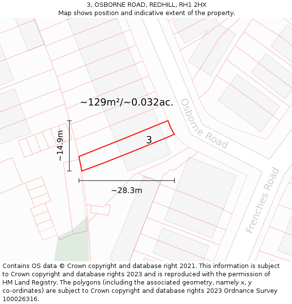 3, OSBORNE ROAD, REDHILL, RH1 2HX: Plot and title map