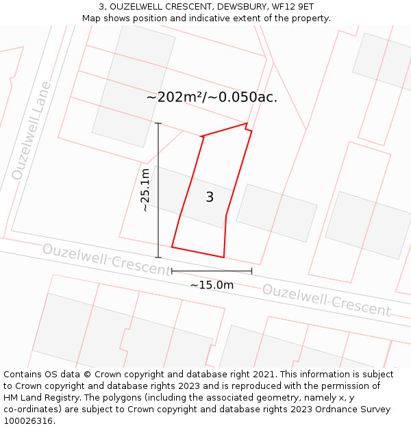 3, OUZELWELL CRESCENT, DEWSBURY, WF12 9ET: Plot and title map