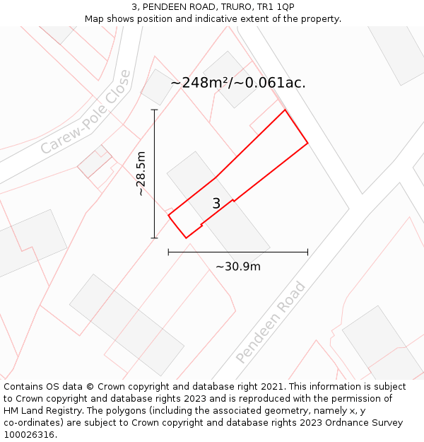 3, PENDEEN ROAD, TRURO, TR1 1QP: Plot and title map