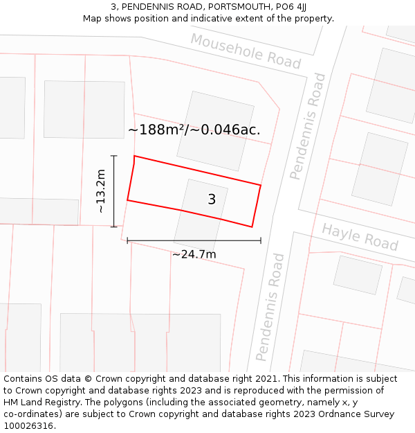 3, PENDENNIS ROAD, PORTSMOUTH, PO6 4JJ: Plot and title map