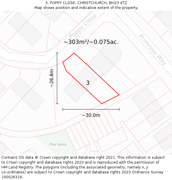 3, POPPY CLOSE, CHRISTCHURCH, BH23 4TZ: Plot and title map