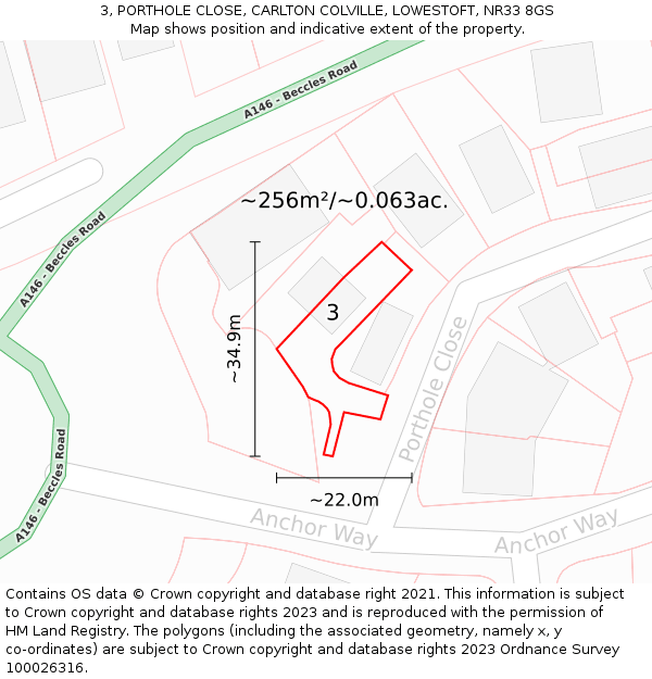 3, PORTHOLE CLOSE, CARLTON COLVILLE, LOWESTOFT, NR33 8GS: Plot and title map