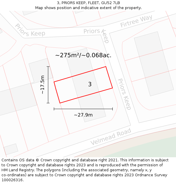 3, PRIORS KEEP, FLEET, GU52 7LB: Plot and title map