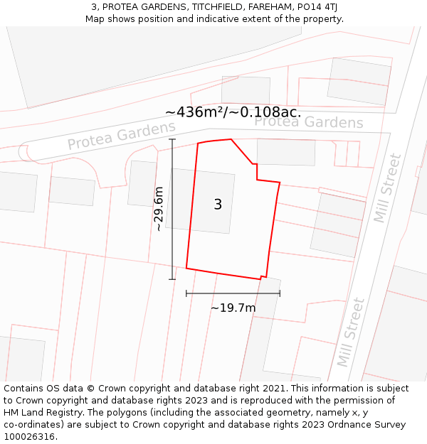 3, PROTEA GARDENS, TITCHFIELD, FAREHAM, PO14 4TJ: Plot and title map