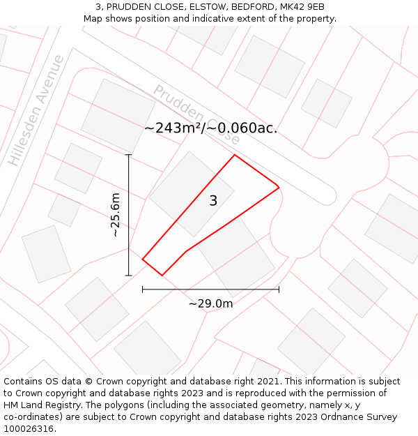 3, PRUDDEN CLOSE, ELSTOW, BEDFORD, MK42 9EB: Plot and title map