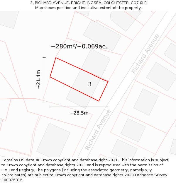 3, RICHARD AVENUE, BRIGHTLINGSEA, COLCHESTER, CO7 0LP: Plot and title map