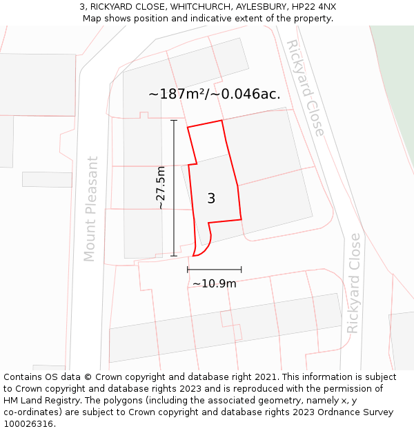 3, RICKYARD CLOSE, WHITCHURCH, AYLESBURY, HP22 4NX: Plot and title map