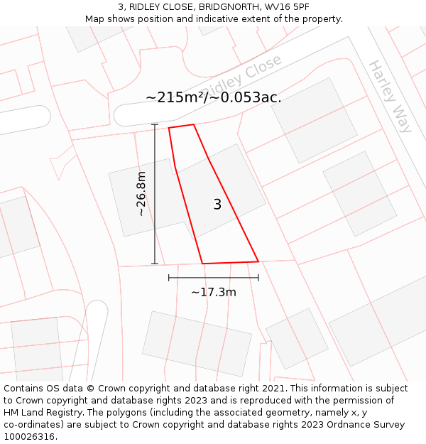 3, RIDLEY CLOSE, BRIDGNORTH, WV16 5PF: Plot and title map