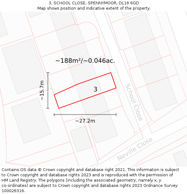 3, SCHOOL CLOSE, SPENNYMOOR, DL16 6GD: Plot and title map