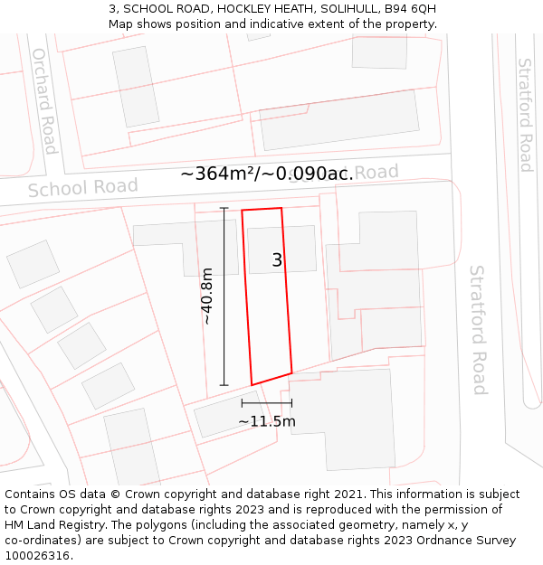 3, SCHOOL ROAD, HOCKLEY HEATH, SOLIHULL, B94 6QH: Plot and title map