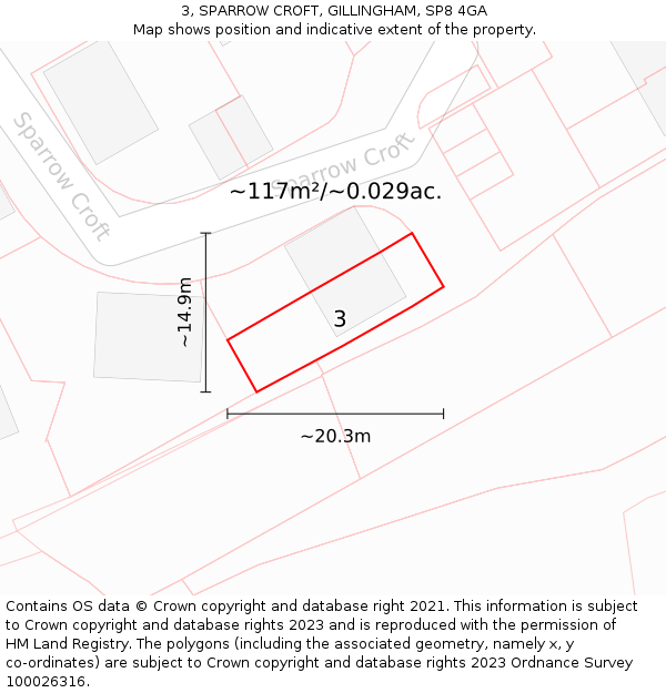 3, SPARROW CROFT, GILLINGHAM, SP8 4GA: Plot and title map