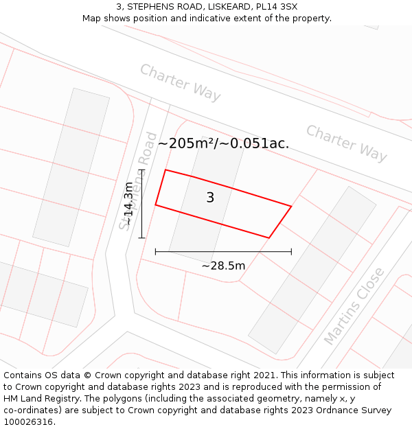 3, STEPHENS ROAD, LISKEARD, PL14 3SX: Plot and title map