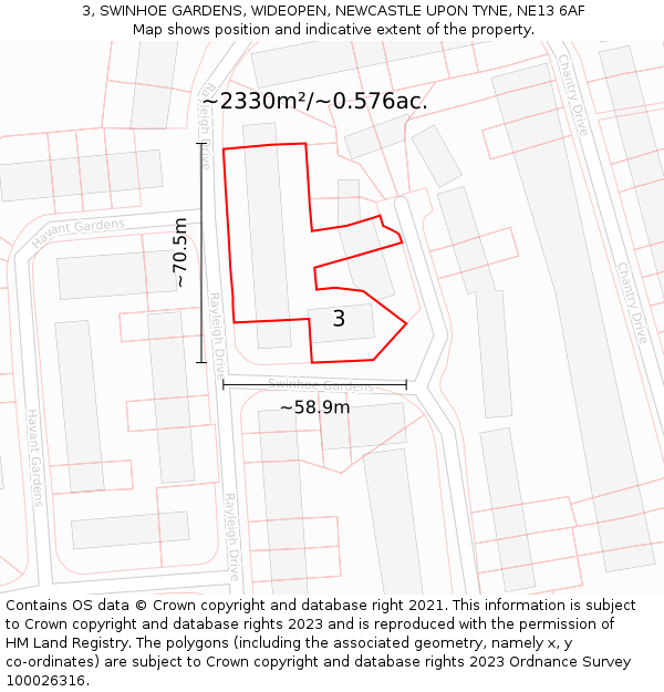 3, SWINHOE GARDENS, WIDEOPEN, NEWCASTLE UPON TYNE, NE13 6AF: Plot and title map