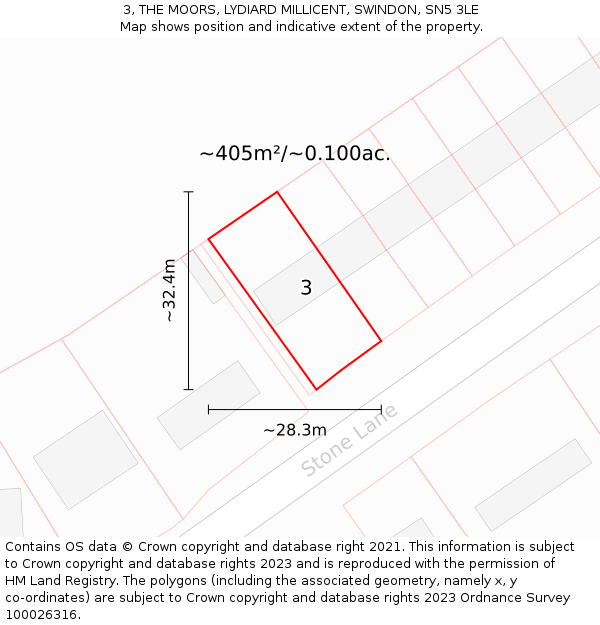 3, THE MOORS, LYDIARD MILLICENT, SWINDON, SN5 3LE: Plot and title map