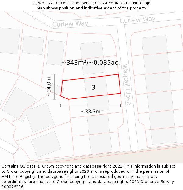3, WAGTAIL CLOSE, BRADWELL, GREAT YARMOUTH, NR31 8JR: Plot and title map