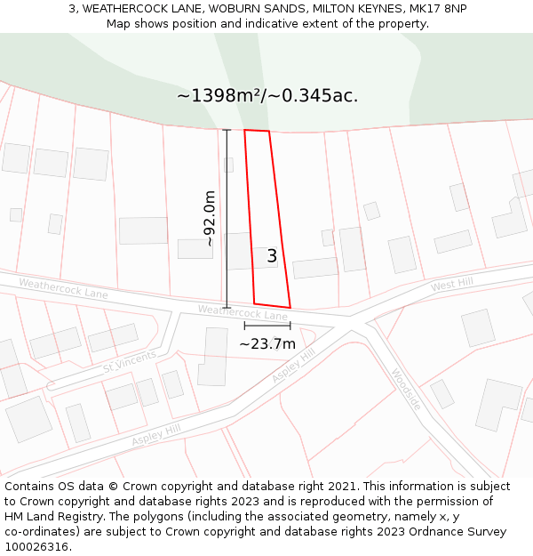 3, WEATHERCOCK LANE, WOBURN SANDS, MILTON KEYNES, MK17 8NP: Plot and title map