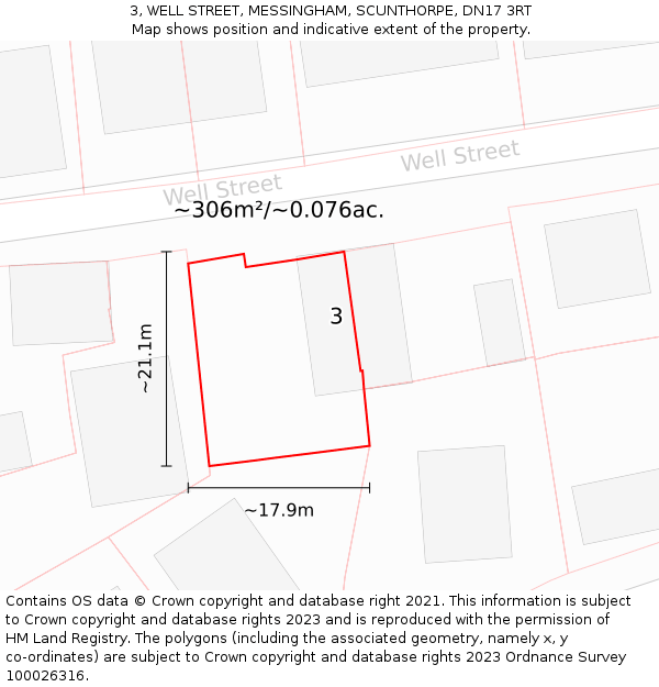 3, WELL STREET, MESSINGHAM, SCUNTHORPE, DN17 3RT: Plot and title map