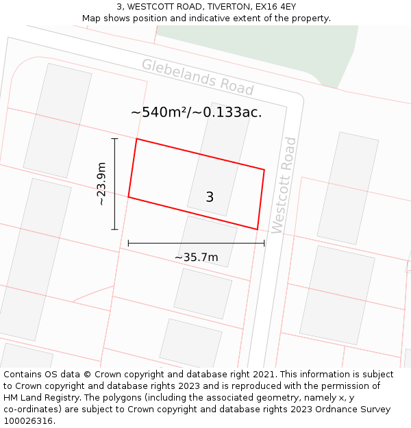 3, WESTCOTT ROAD, TIVERTON, EX16 4EY: Plot and title map