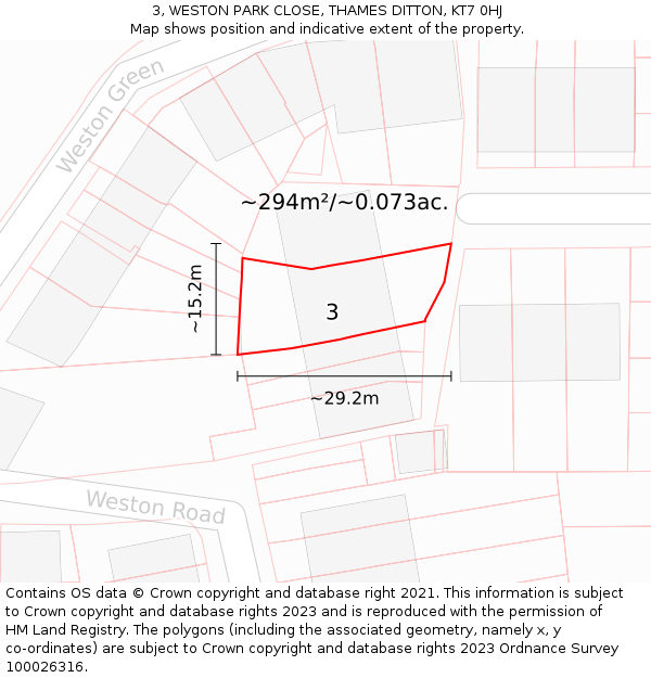 3, WESTON PARK CLOSE, THAMES DITTON, KT7 0HJ: Plot and title map