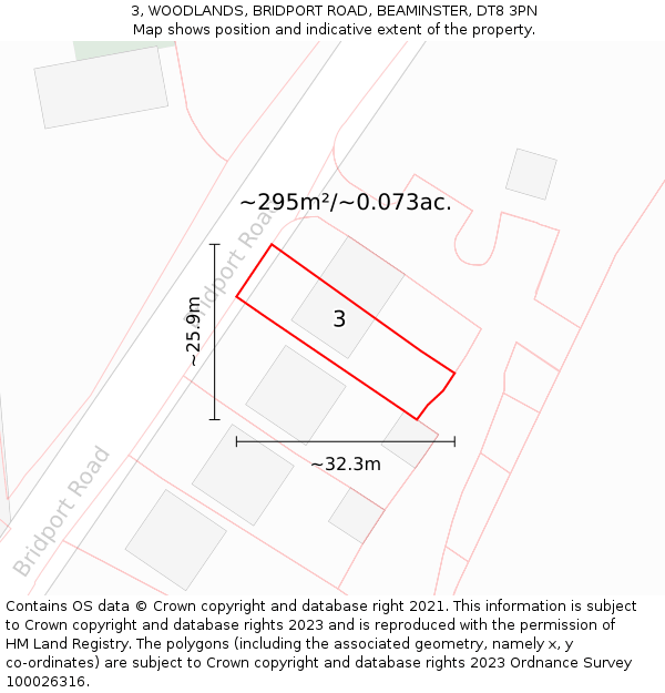 3, WOODLANDS, BRIDPORT ROAD, BEAMINSTER, DT8 3PN: Plot and title map