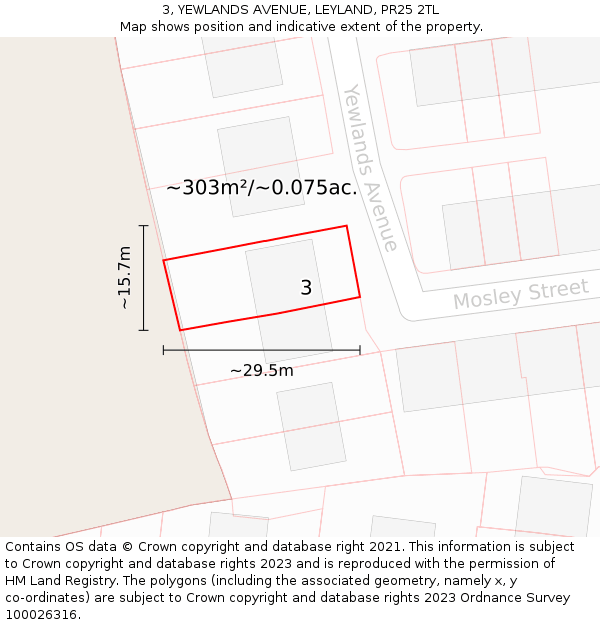 3, YEWLANDS AVENUE, LEYLAND, PR25 2TL: Plot and title map