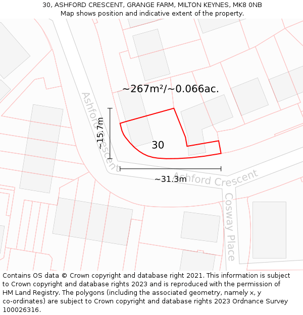 30, ASHFORD CRESCENT, GRANGE FARM, MILTON KEYNES, MK8 0NB: Plot and title map