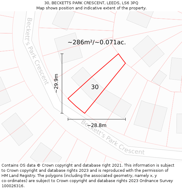 30, BECKETTS PARK CRESCENT, LEEDS, LS6 3PQ: Plot and title map