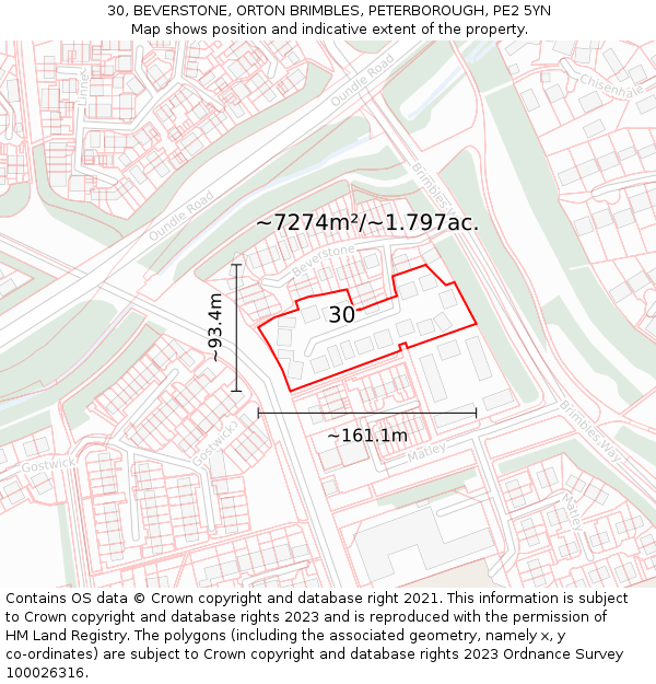 30, BEVERSTONE, ORTON BRIMBLES, PETERBOROUGH, PE2 5YN: Plot and title map