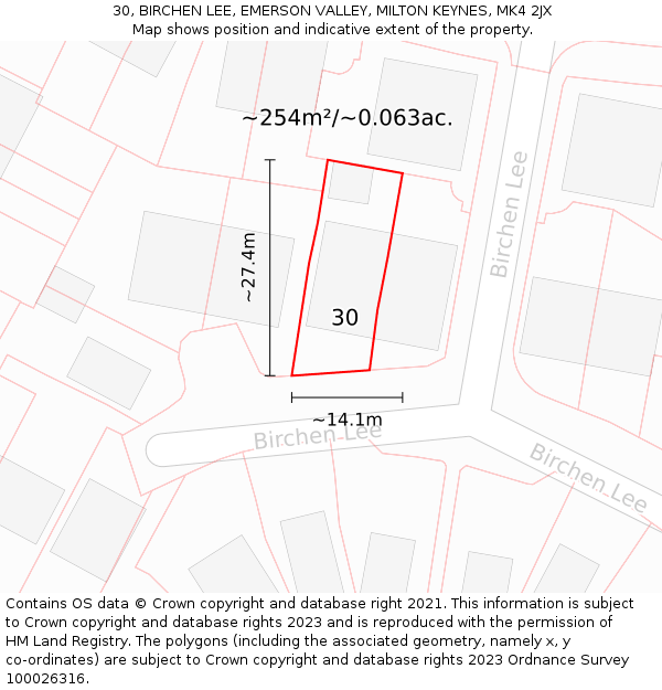 30, BIRCHEN LEE, EMERSON VALLEY, MILTON KEYNES, MK4 2JX: Plot and title map