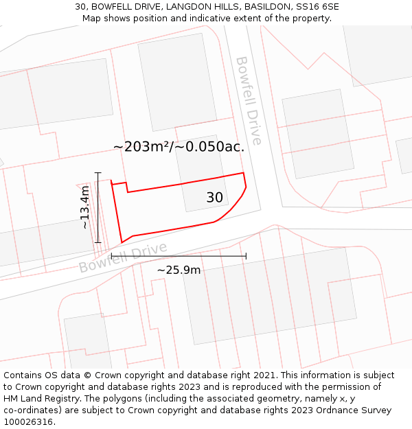 30, BOWFELL DRIVE, LANGDON HILLS, BASILDON, SS16 6SE: Plot and title map