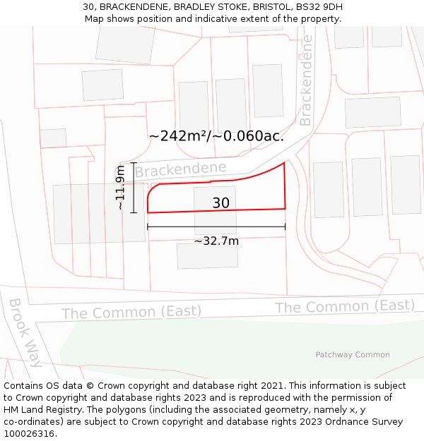 30, BRACKENDENE, BRADLEY STOKE, BRISTOL, BS32 9DH: Plot and title map